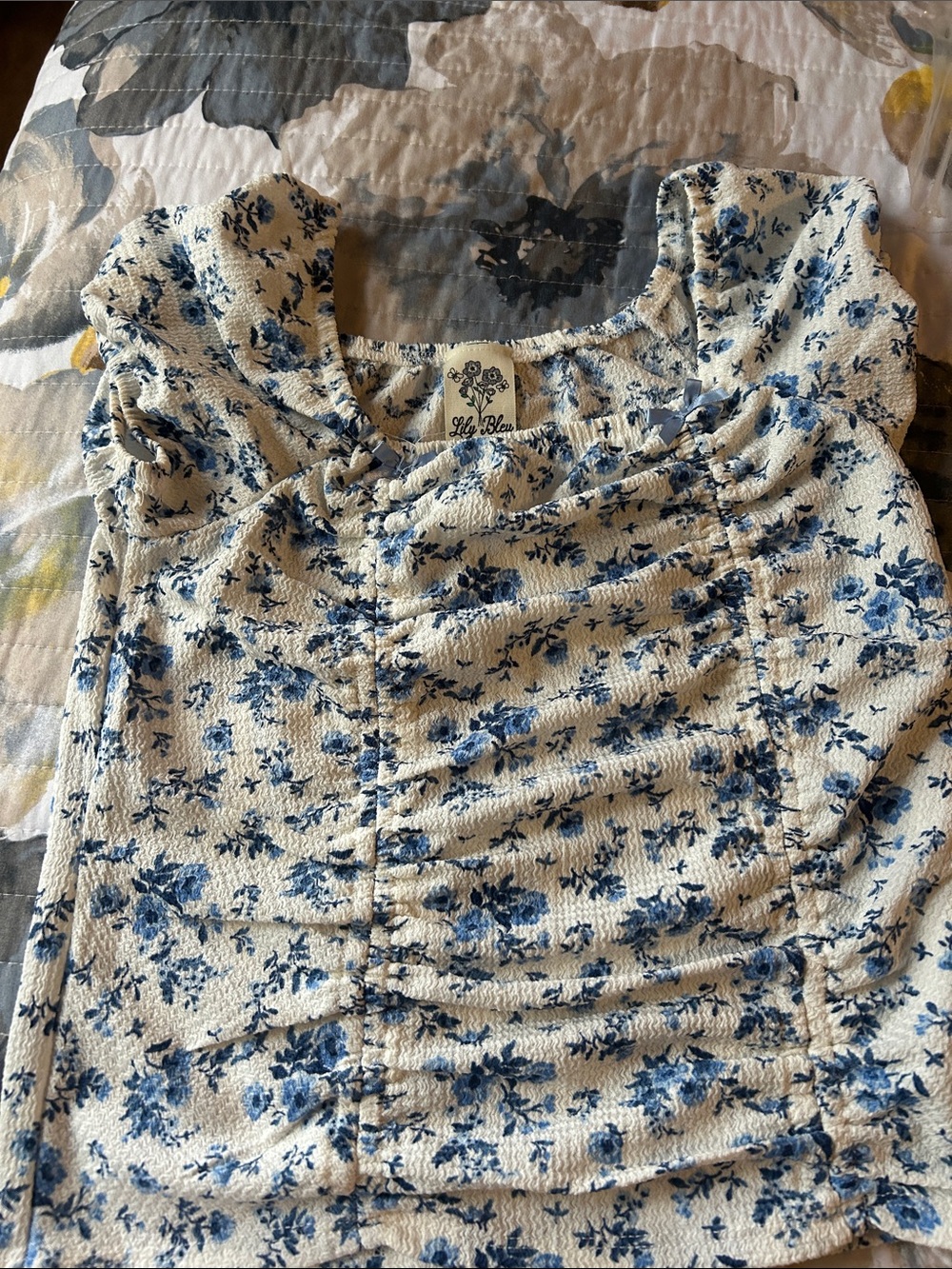Lily Bleu Cream Top with Blue Floral Print and Ruching